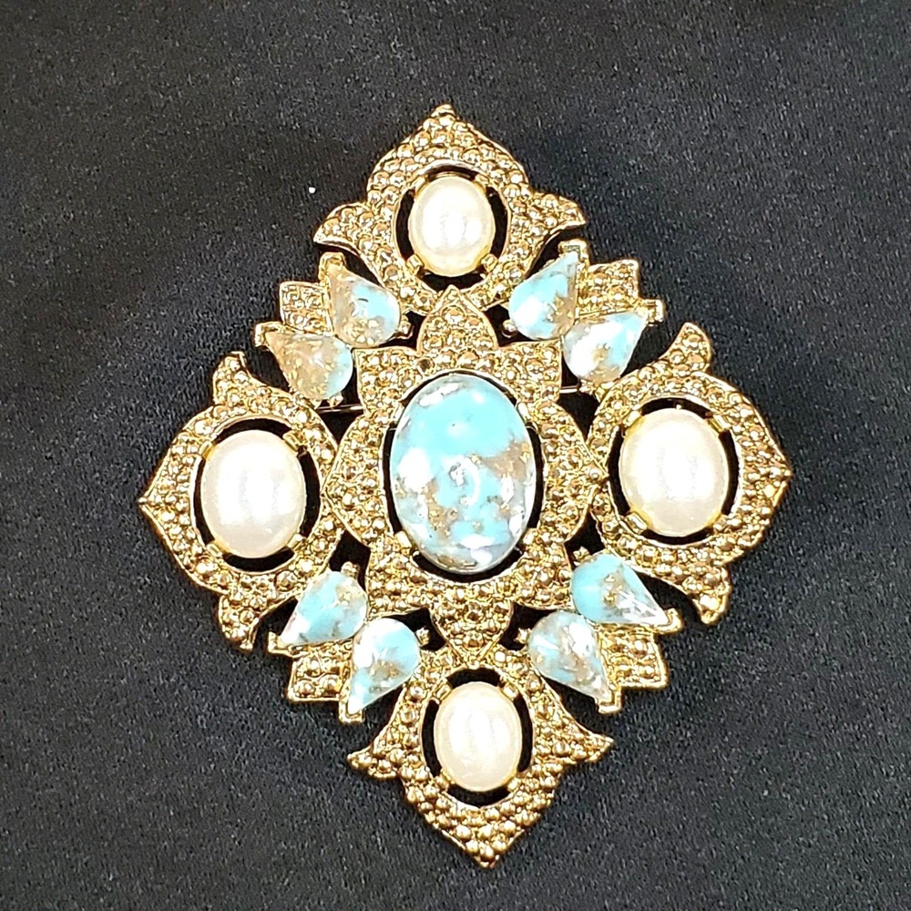 Vintage Sarah Coventry Brooch Pendant Gold With Faux Pearl & Turquoise Stones - Picture 1 of 12